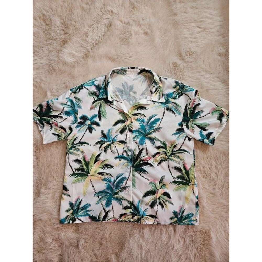 Tropical Palm Tree Button Down Shirt L White Summer Vacation Short Sleeve